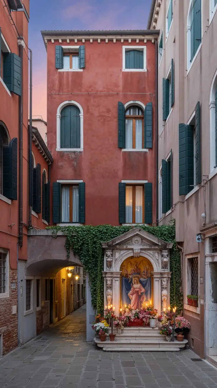 A photograph of a quiet courtyard in Venice, Italy, centered on the charming Corte Nova with its distinctive red-shutters. The courtyard features a small, weathered shrine dedicated to the Madonna, adorned with vibrant flowers and gently flickering candles, positioned at the far end. A small, arched stone passageway leads off Salizada del Pignater, framed by climbing ivy and illuminated by the soft glow of lanterns hanging from the walls. The scene is captured at dusk, bathing the courtyard in a warm, golden light reminiscent of a Botticelli painting.