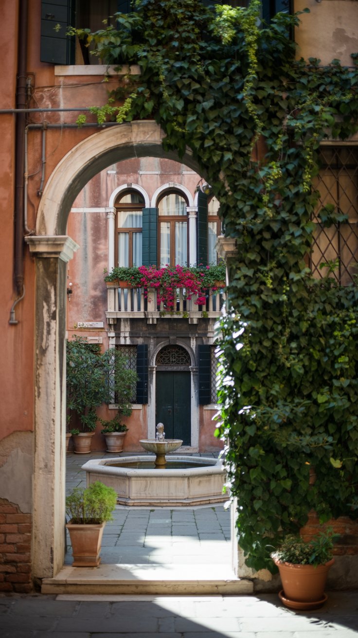 A photograph of Corte del Teatro, a secluded Venetian courtyard nestled near La Fenice Theatre. The courtyard features a weathered stone entrance draped in lush green ivy, partially obscuring the view beyond and evoking the feeling of a hidden stage. Inside, a small fountain gurgles softly in the center, surrounded by terracotta pots overflowing with vibrant bougainvillea. Soft, diffused sunlight filters through the surrounding buildings, casting gentle shadows and highlighting the aged textures of the stone walls.