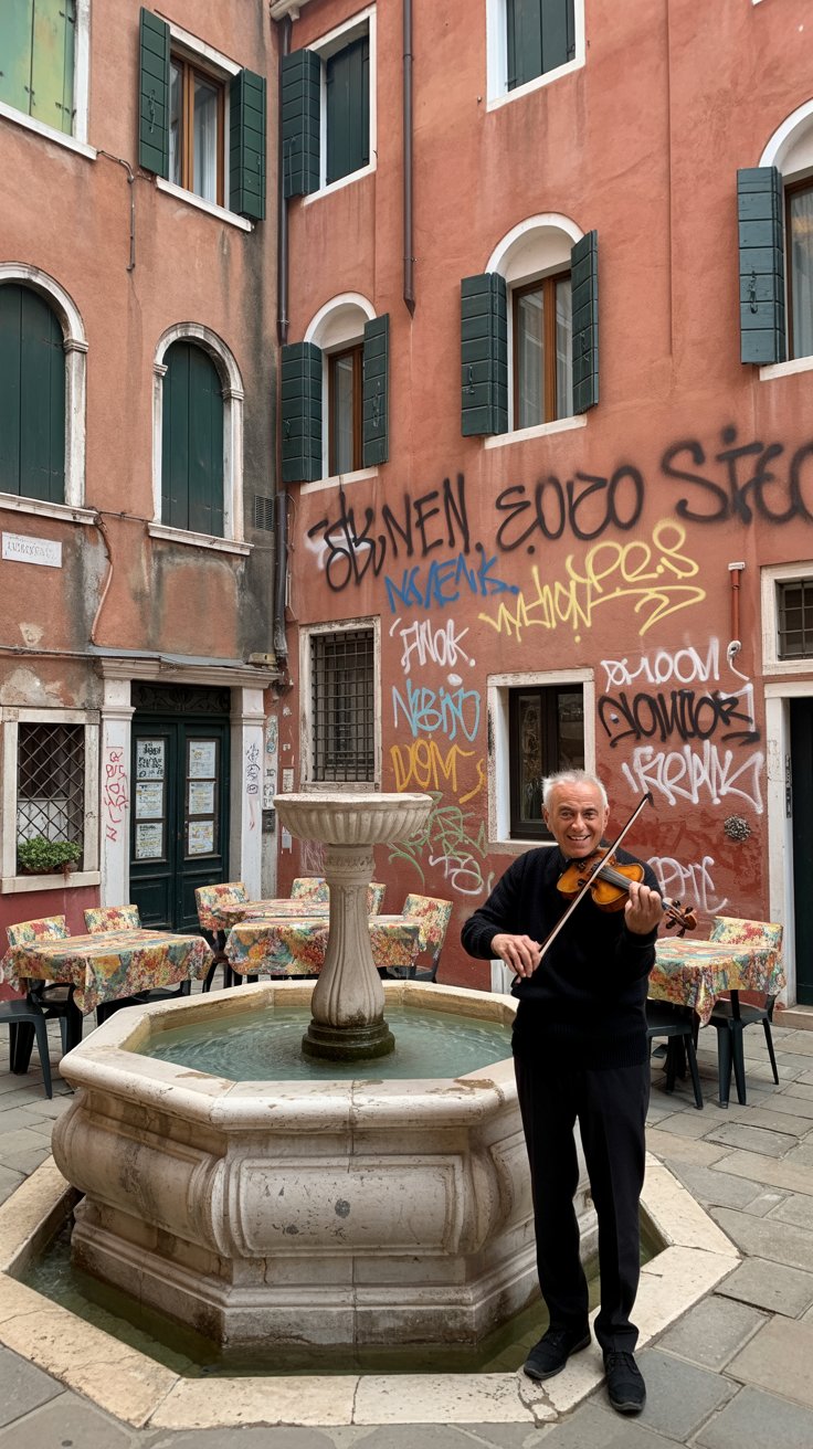 A photograph of a sun-drenched Venetian courtyard, overflowing with a vibrant, slightly chaotic charm. A weathered stone fountain sits at the center, surrounded by mismatched chairs and tables covered in colorful floral cushions. An elderly gentleman with a kind face, playing a worn violin, stands near the fountain, a gentle smile gracing his lips as he offers a friendly smile, as if inviting a conversation. The courtyard walls are adorned with layers of graffiti poetry in various colors, creating a tapestry of urban expression under the warm glow of the afternoon sun.