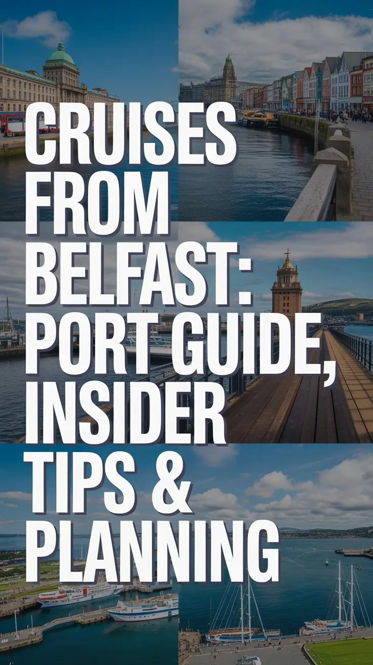 A vibrant travel advertisement featuring a collage of sun-drenched images showcasing Belfast’s harbor, historic architecture, and scenic coastal views, serving as a backdrop for the text overlay. Boldly aligned to the left, the text reads "Cruises From Belfast: Port Guide, Insider Tips & Planning" in a clean, modern sans-serif font against the vibrant background, creating immediate visual impact. The images within the collage are bright and crisp, evoking a sense of adventure and discovery, and are subtly blurred to ensure the text remains the primary focus. The overall aesthetic is bright, optimistic, and informative, designed to inspire potential cruise-goers with a sunny and inviting feel while highlighting Belfast as a fantastic departure point.