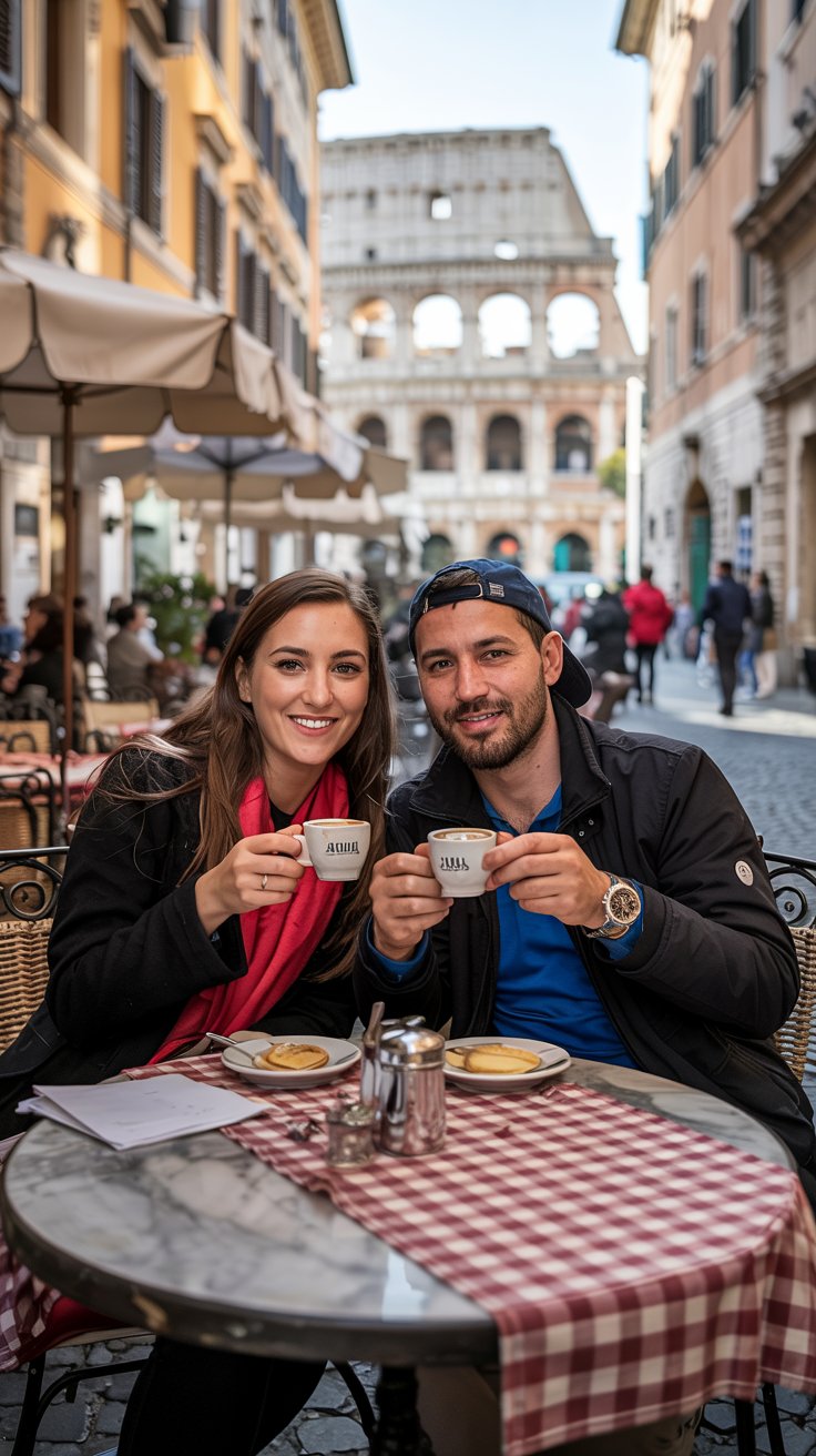 A photograph of two tourists seated at an outdoor cafe table in Rome. The tourists are a young couple enjoying espressos, with the woman wearing a red scarf and the man sporting a blue baseball cap, both gazing directly at the camera with warm smiles. Behind them, the cafe features red and white checkered tablecloths, wrought-iron chairs, and a glimpse of the Colosseum in the distance. The afternoon sunlight casts soft shadows, creating a lively and authentic Italian atmosphere.