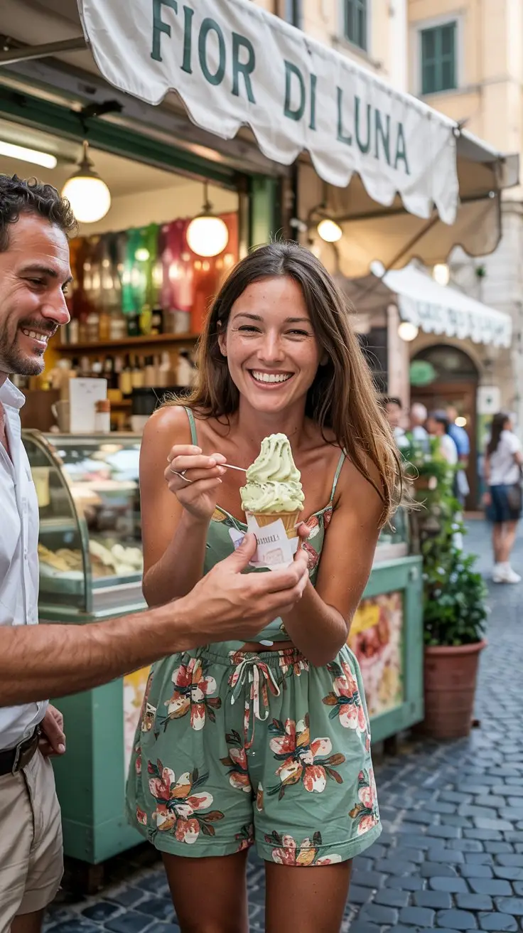 A vibrant, candid photograph captures a moment of delight at "Fior di Luna" in Rome, focusing on a smiling woman in floral shorts. She is gracefully accepting a scoop of creamy pistachio gelato from a friendly server, her expression radiating pure joy. The man beside her, also in relaxed shorts, looks on with a warm smile, framed by the charming backdrop of the gelato shop with its colorful displays and bustling Roman street scene. Soft natural light illuminates the scene, creating a cheerful and authentic atmosphere of Italian summer indulgence.