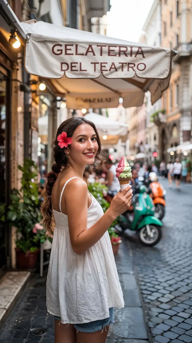 A vibrant, sun-drenched photograph captures a young woman standing outside "Gelateria del Teatro" in Rome. She is wearing denim shorts and a flowing white linen sundress, her dark hair loosely braided and adorned with a single red hibiscus flower. Standing near the entrance, she holds a gelato cone topped with vibrant pistachio and strawberry swirls, gazing playfully towards the camera with a warm, inviting smile. The bustling Roman street is blurred in the background, with glimpses of classic architecture and colorful scooters, all bathed in the warm glow of the late afternoon sun.