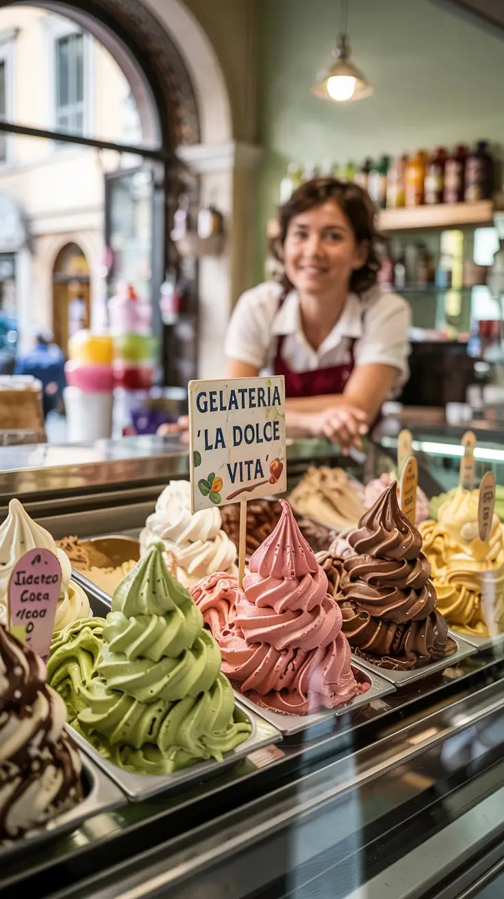A photograph of a modern gelato shop in Rome, Italy, featuring a display case filled with vibrant gelato flavors. The display case showcases a variety of natural colors like pistachio green, strawberry pink, and rich chocolate brown, with each gelato sculpted into elegant swirls and arranged meticulously. A small, hand-painted sign above the gelato reads "Gelateria 'La Dolce Vita'" and a friendly shop owner is visible in the background, smiling warmly. Soft, diffused sunlight streams in through the large storefront window, highlighting the delicious treats and creating a welcoming atmosphere.