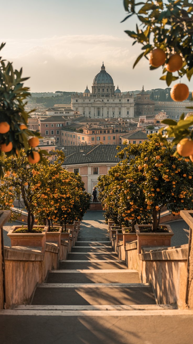 Giardino degli Aranci, where orange trees line a beautifully manicured terrace with one of the best panoramic views in Rome