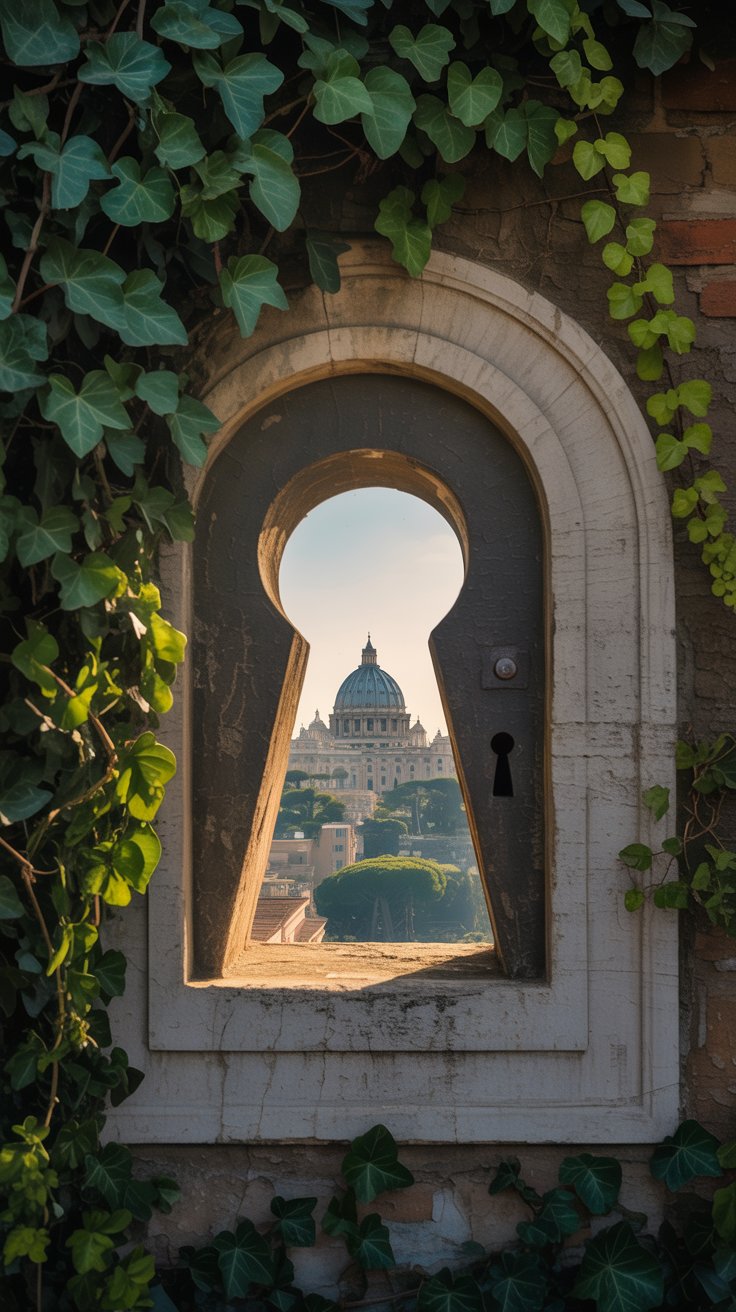 A photograph of a weathered, ornate Knights of Malta keyhole, framed by lush green foliage. Through the keyhole, a perfectly centered view of St. Peter’s Dome emerges, appearing as a distant beacon in the Roman skyline. Ivy gracefully climbs the stone structure surrounding the keyhole, while dappled sunlight filters through the leaves, creating a mosaic of light and shadow on the ancient stone. The scene is bathed in the warm glow of a late afternoon sun, evoking a sense of timeless tranquility.