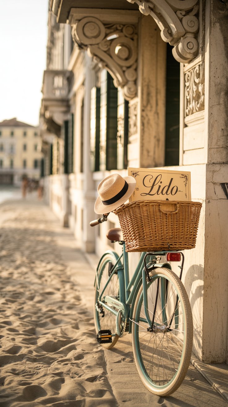 A photograph of a vintage bicycle leaning against the facade of the Hotel Excelsior on the Lido island in Venice. The bicycle, painted a faded turquoise, has a wicker basket filled with a straw hat and a worn map displaying “Lido” in elegant script. Sunlight dapples the Art Nouveau building’s ornate balcony and the sandy beach stretches into the background, partially blurred by a shallow depth of field. Warm, golden light illuminates the scene, evoking a sense of nostalgic European glamour.