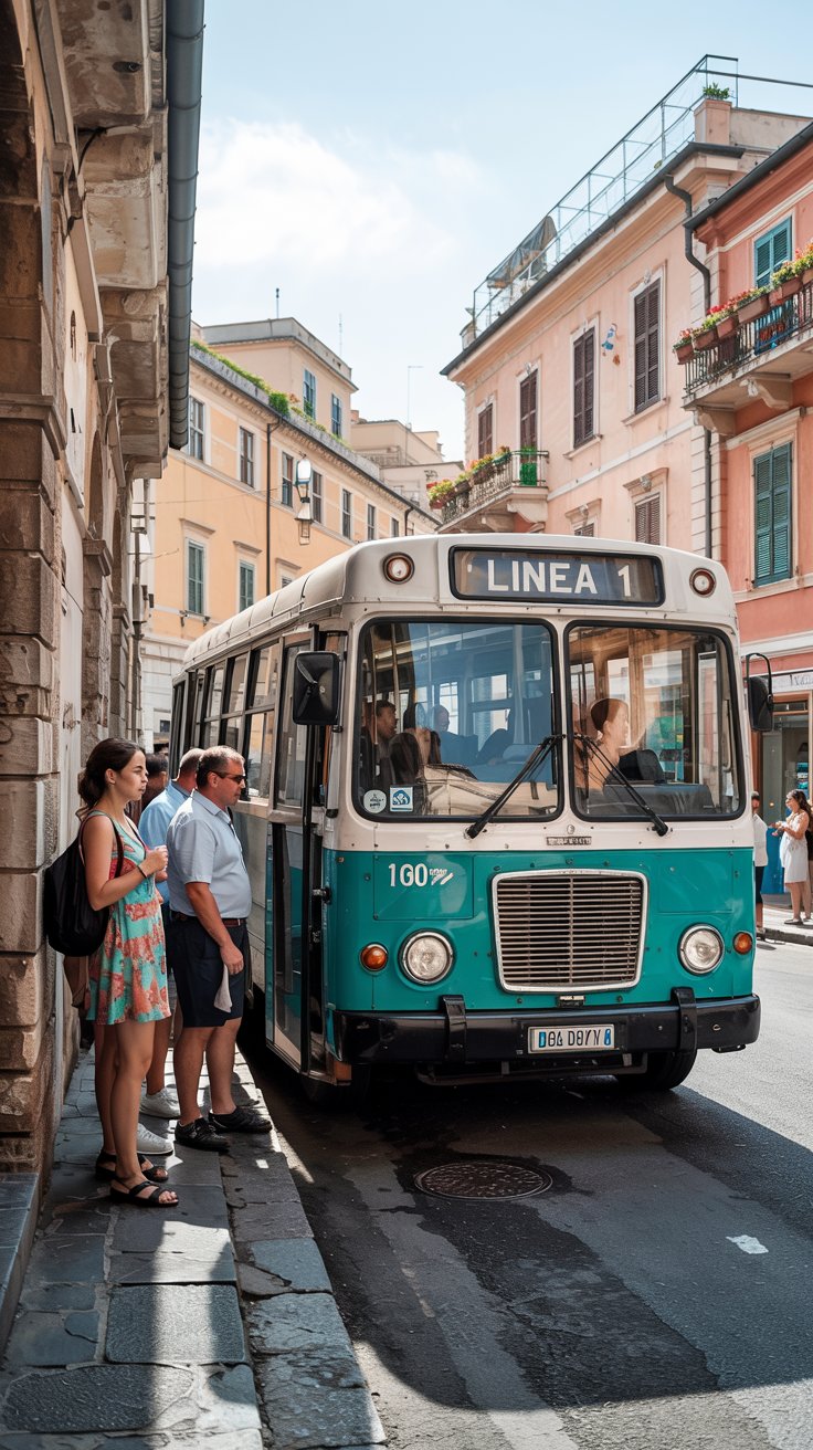 A photograph of a weathered local bus stopped on a sun-drenched street in Civitavecchia. The bus, painted a faded turquoise, has “"Linea 1"” displayed on its front, with several people patiently waiting to board, leaning against the bus or the surrounding stone walls. The people are dressed in casual summer clothing, some holding bags or umbrellas, their expressions a mix of anticipation and fatigue. In the background, quaint Italian buildings with terracotta roofs and overflowing flower boxes line the narrow street, bathed in the warm glow of the afternoon sun.
