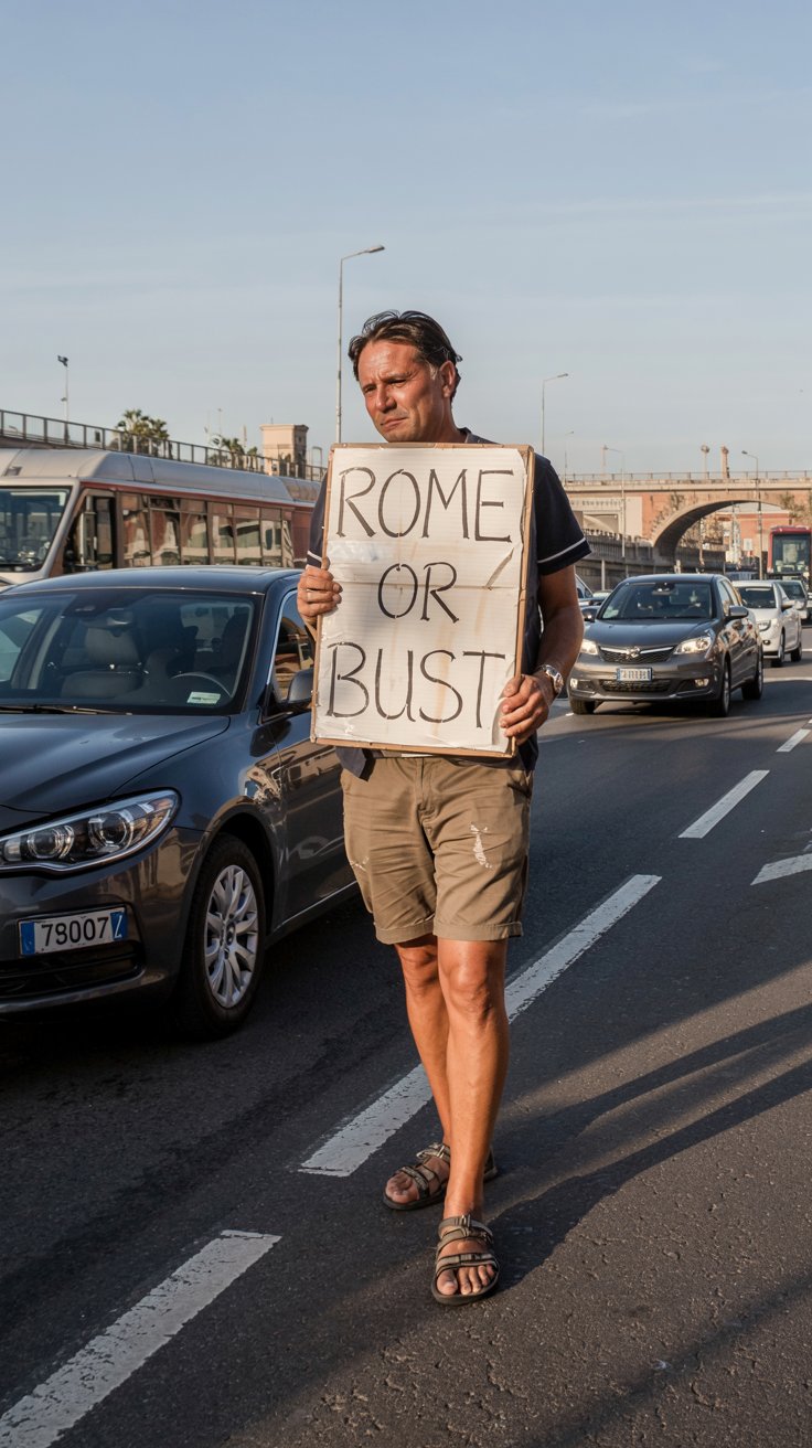 A candid street photograph depicts a weary-looking man in faded khaki shorts standing beside a sun-baked Italian road near Civitavecchia port. He holds a small, slightly crumpled handwritten sign that reads “Rome or bust” in uneven lettering, his posture suggesting exhaustion after a long journey. Cars whiz past in the background, blurring slightly to convey motion, while the warm afternoon light casts long shadows across the asphalt and highlights the man's tired expression. The scene conveys a sense of longing and determination against a backdrop of everyday travel and the promise of a destination.