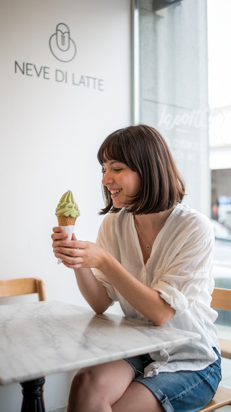 A photograph of a modern minimalist gelato shop called "Neve di Latte" with a clean, white interior. A young woman with short brown hair and a relaxed smile is seated at a small marble table, enjoying a vibrant pistachio gelato in a waffle cone. She wears casual denim shorts and a white linen shirt, her hands gently holding the cone. Soft, diffused natural light streams in through a large window, highlighting the simple elegance of the shop and the creamy texture of the gelato.