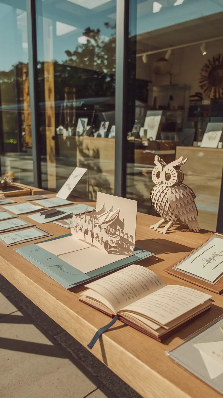 A modern artisan shop combining antique paper techniques with laser cuts, offering lightweight paper gifts like Venetian pop-up cards and handmade journals.