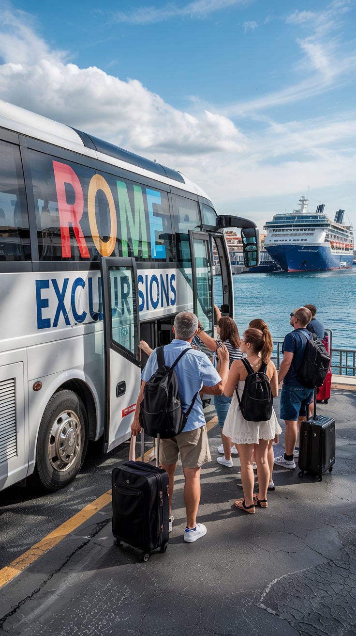 People getting on a tour bus for excursion in Rom from Civitavecchia cruise port