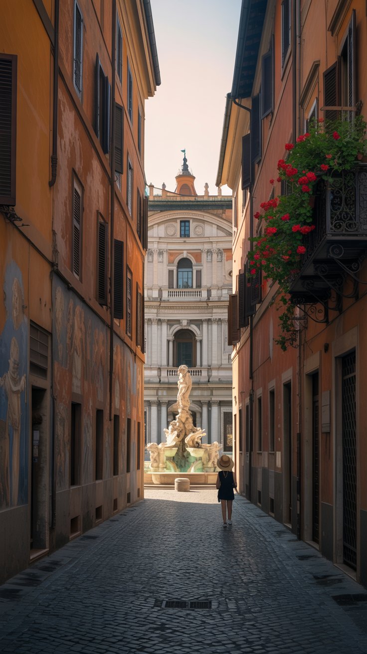 A photograph depicting a narrow, cobblestone alleyway in Rome, leading towards the magnificent Piazza Navona. The alley is bathed in the warm glow of late afternoon sunlight, highlighting the weathered textures of the ancient buildings on either side, their facades adorned with faded frescoes and wrought-iron balconies overflowing with vibrant geraniums. In the distance, the elaborate Baroque fountains and sculptures of Piazza Navona are visible, creating a stunning focal point framed by the converging alley walls, while a lone figure in a straw hat strolls leisurely down the path. Soft shadows and a slightly hazy atmosphere evoke a sense of timeless beauty and quiet charm.