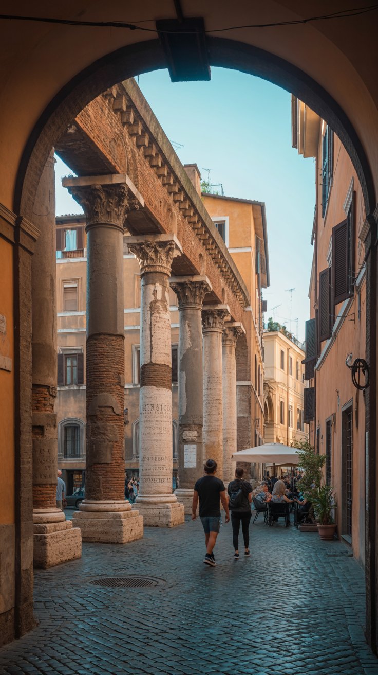 A photograph of a charming cobblestone street scene within Rome’s Jewish Ghetto, centered around the ancient Portico of Octavia. The portico’s weathered stone columns, partially integrated into the surrounding buildings, are bathed in the warm afternoon light, showing subtle signs of age and resilience. A few locals are seen strolling through the narrow street, and a small cafe with outdoor seating is visible in the background, adding a sense of vibrant daily life. The scene is framed by terracotta-colored buildings and soft shadows, creating a timeless and evocative atmosphere.