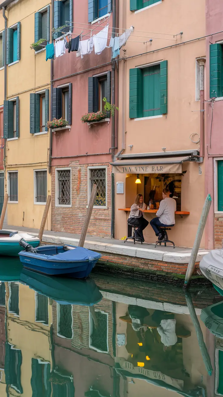 A lively canal in Cannaregio alive with authentic Venice — colorful buildings, local life, and a tiny wine bar with just two seats.