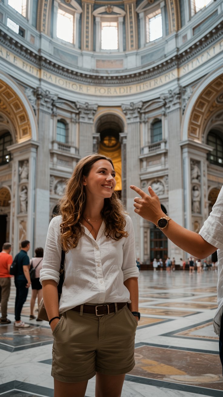A photograph of a woman in her early thirties wearing khaki shorts and a white linen shirt standing inside St. Peter’s Basilica in Rome. She has long, wavy brown hair and a warm smile, attentively listening to a tour guide who gestures towards the grand dome with a friendly expression. The basilica's intricate marble floors and towering columns are visible in the background, bathed in soft light filtering through the arched windows, highlighting the ornate details of the historical site. A small group of tourists are visible further back, observing the architecture with awe.