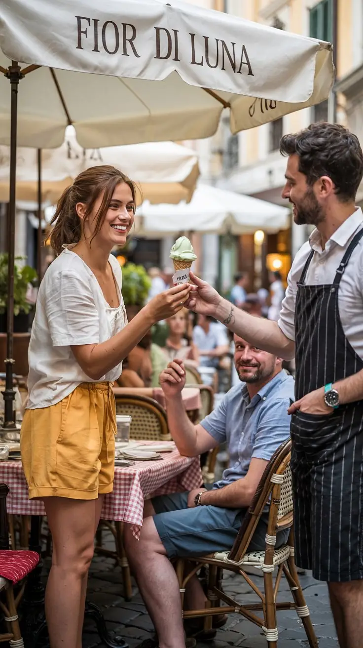 A candid street photography style image captures a charming moment in Fior di Luna in Rome, featuring a smiling woman receiving gelato from a friendly server. She wears bright yellow shorts and a white linen top, her face illuminated by the warm Italian sun as she accepts the cone with genuine delight. The server, in a classic black and white striped apron, holds a generous scoop of "pistacchio" gelato, while a man in light blue shorts sits nearby on a weathered bistro chair, observing the scene with a relaxed expression. The background softly showcases the restaurant's outdoor seating area with checkered tablecloths and a glimpse of the Roman architecture, bathed in the golden light of late afternoon.