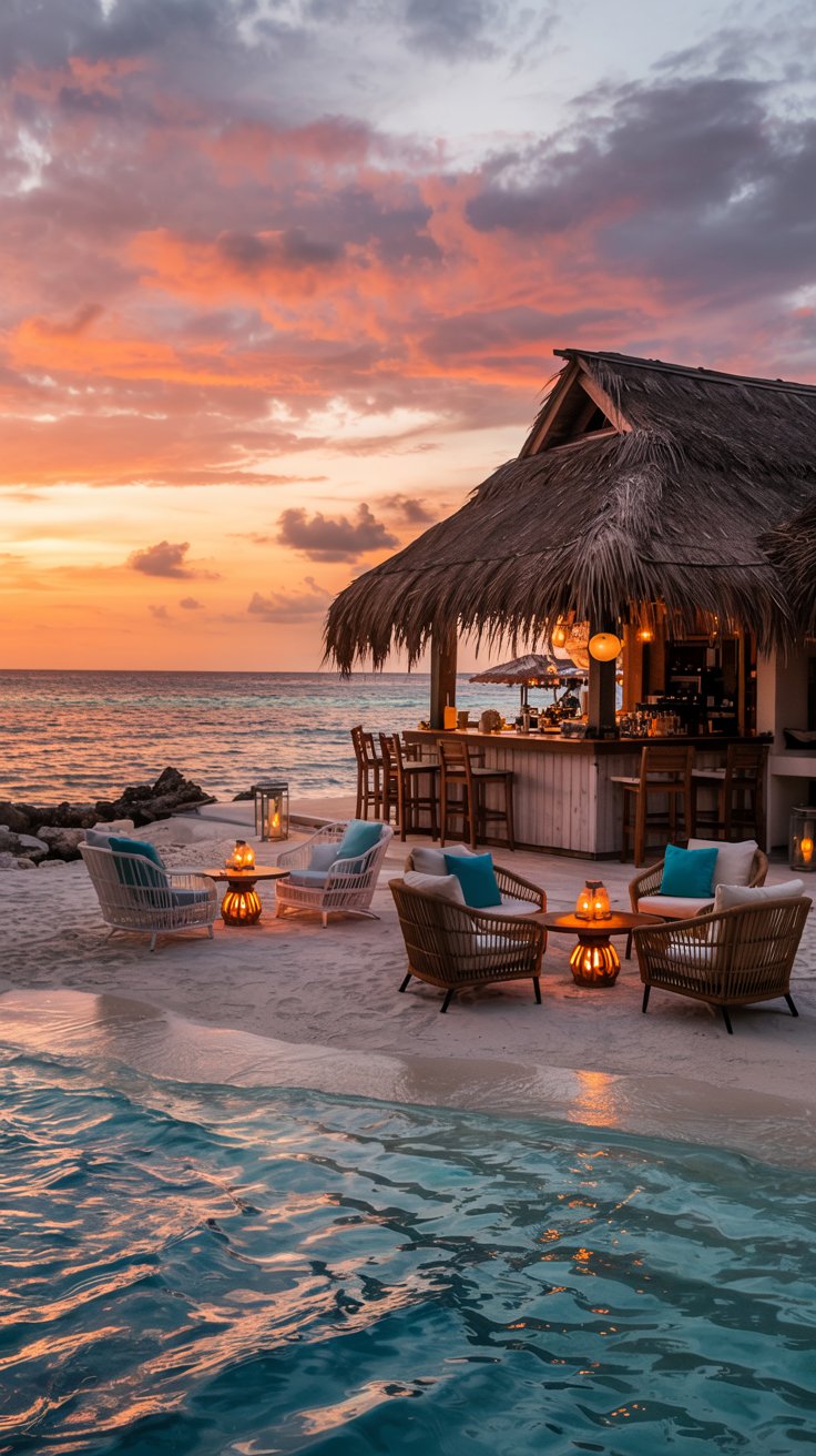 A photograph of a stylish beach bar nestled on the white sands of Cozumel at sunset. The bar’s thatched roof and wooden deck overlook the turquoise, crystal-clear water, with vibrant orange and pink hues reflecting off the calm surface. Several comfortable lounge chairs are arranged around low tables with glowing lanterns, creating a relaxed and inviting atmosphere. The sky transitions from a fiery orange to a soft lavender, casting a warm, tranquil glow over the scene without any visible fish or signage.
