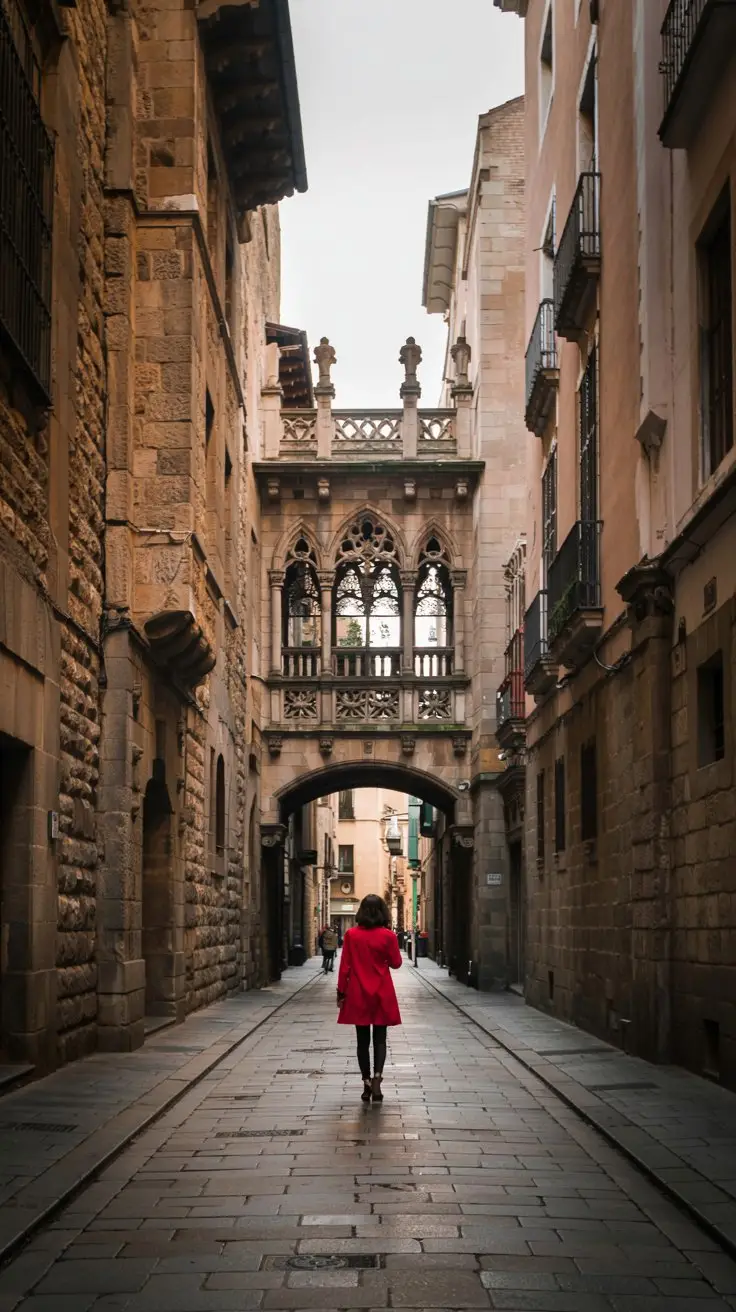 A photograph of a narrow medieval Gothic street in Barcelona's Gothic Quarter, shot from a low angle perspective. The street is flanked by tall stone buildings with rough-textured beige and gray walls. In the center of the frame, a Gothic stone bridge with ornate carved details and a decorative balcony spans across the narrow alley. The bridge features three pointed arches with intricate stone carvings and a detailed wooden balcony railing. The buildings have small rectangular windows with stone frames, and decorative stone carvings and gargoyles along their facades. A person wearing a red coat is walking away from the camera in the center of the street, creating a sense of scale against the towering architecture. The street is paved with smooth stone tiles and has a warm, golden tone from natural lighting. The architecture displays classic Gothic elements including pointed arches, ribbed vaults, and ornate stone carvings. The overall composition creates a dramatic perspective with the bridge's architectural details drawing the eye upward through the narrow passage.