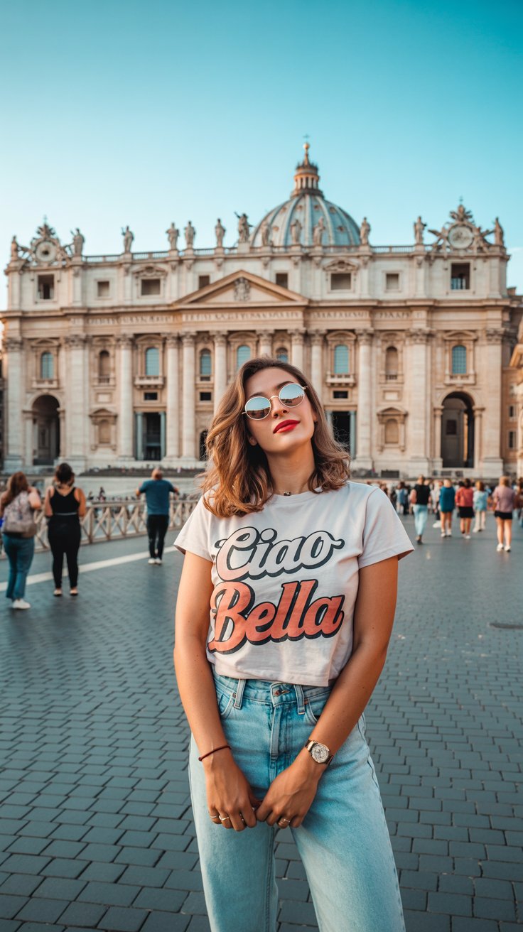 Tourist lady in short sleeve tee and jeans at St. Peter’s Basilica in Rome