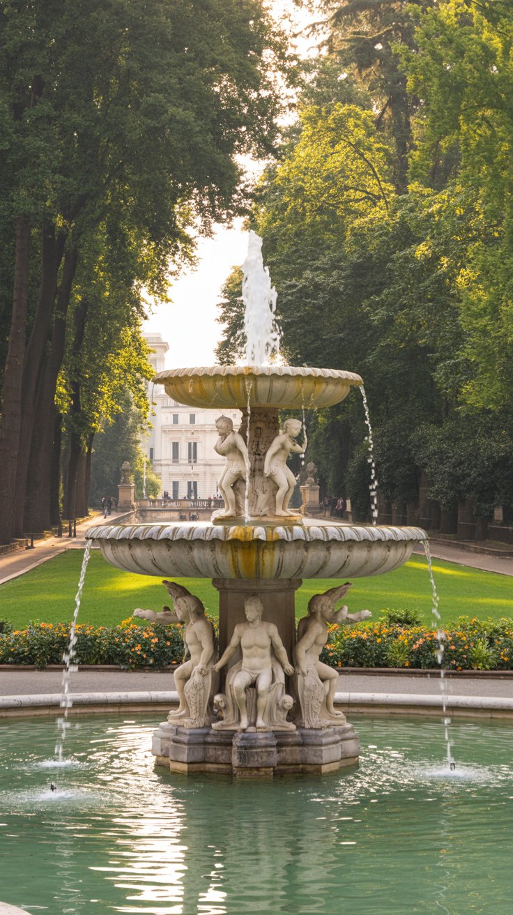 A photograph of the Villa Borghese Gardens in Rome, featuring a picturesque view of the central fountain. The fountain’s tiered basins are adorned with sculpted figures of mythological creatures, glistening under the warm afternoon sun, while water cascades gracefully from one level to the next. Lush green lawns and vibrant flowerbeds surround the fountain, with mature trees providing dappled shade, and a glimpse of the Borghese Gallery visible in the distance. Soft, golden sunlight bathes the scene, creating a tranquil and inviting atmosphere.