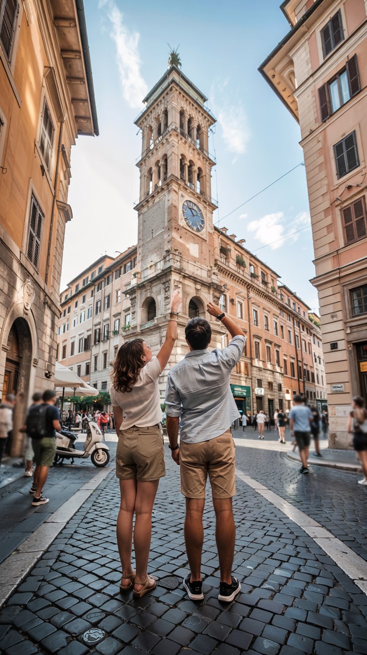 A photograph of a large, ornate clock tower standing proudly in the heart of Rome, Italy. A casually dressed woman with curly brown hair and a man with short dark hair, both wearing khaki shorts and light linen shirts, gaze upwards at the clock face, their expressions filled with wonder. Sunlight streams down from a clear blue sky, casting long shadows and illuminating the ancient stone buildings surrounding the square. The cobblestone street is bustling with blurred figures and a Vespa parked nearby, adding a sense of vibrant Italian life.