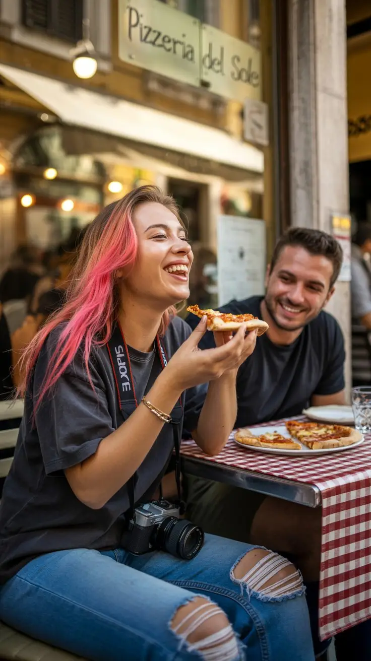 Young women with her boyfriend enjoying pizza in Rome