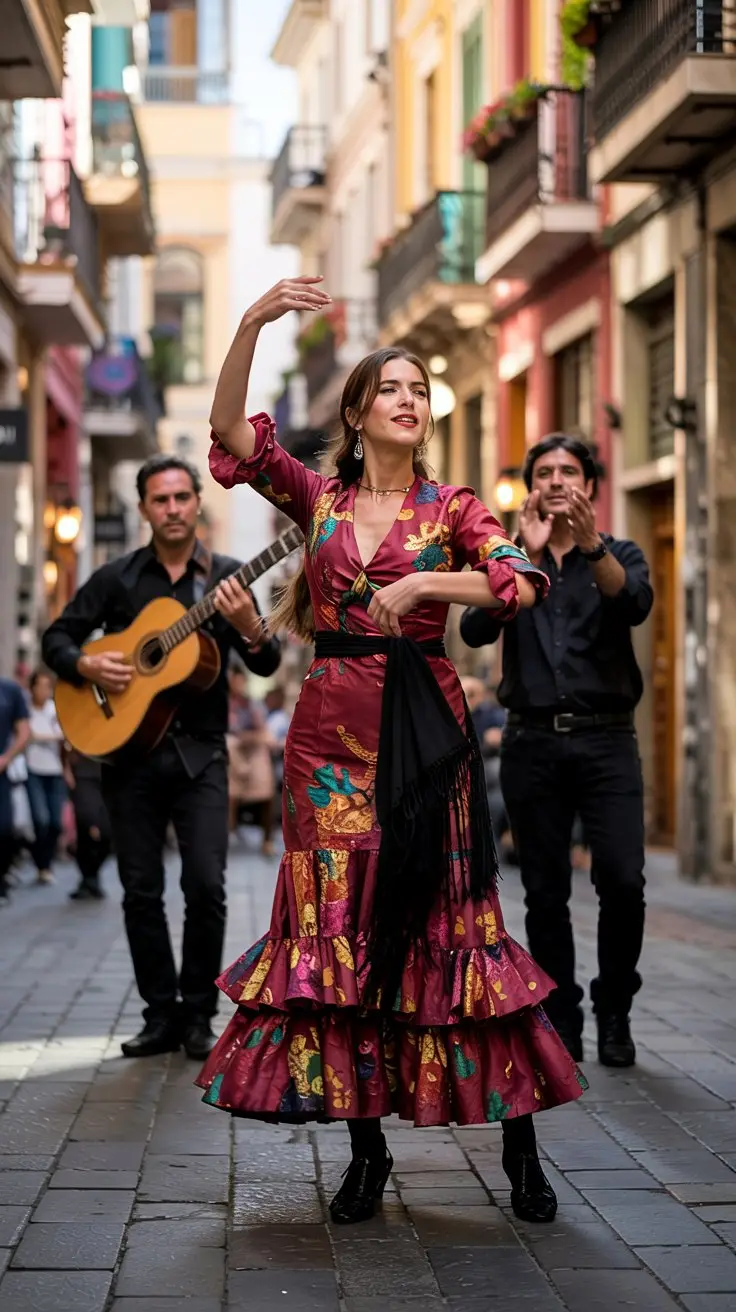 A photograph of three passionate flamenco dancers performing in a bustling Barcelona street. The lead dancer, a woman with long dark hair, wears a vibrant red dress with intricate floral patterns and a black shawl draped over her shoulders, her expression intense as she executes a graceful pose. Behind her, two other dancers add energy to the scene, one strumming a classical guitar and the other clapping rhythmically, all set against a backdrop of colorful buildings and cobblestone streets. Soft sunlight filters through the narrow streets, creating warm highlights on the dancers' faces and casting long shadows that add depth to the scene.