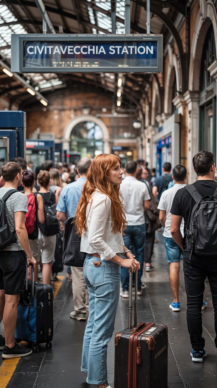 A photograph of a bustling "Civitavecchia Station" platform filled with people waiting for their train. A young woman with long, flowing auburn hair is looking intently at the departure board, her hand resting on a worn leather suitcase. Around her, a diverse crowd of travelers, some with rolling bags, others chatting animatedly, creates a sense of anticipation and movement against the backdrop of the station's weathered stone architecture and arched windows. Soft, diffused sunlight streams through the windows, illuminating dust motes dancing in the air and highlighting the subtle textures of the station.