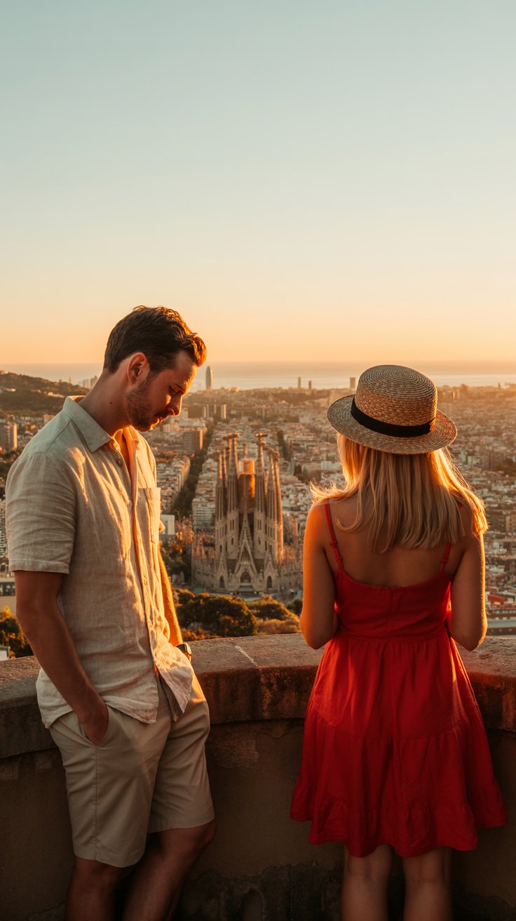 A photograph of a man and a woman standing separately on a high vantage point overlooking Barcelona at sunset. The man, dressed in a light beige linen shirt and khaki shorts, gazes intently downward with a thoughtful expression; the woman, wearing a bright red sundress and a straw hat, appears equally captivated by the panoramic view. Below them, the sprawling cityscape of Barcelona is bathed in the warm hues of the setting sun, with the Sagrada Familia visible in the distance. A soft golden light illuminates the scene, creating a dramatic and breathtaking vista.