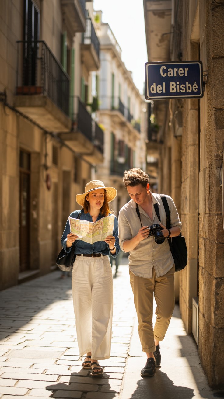 A photograph of a woman and a man casually dressed as tourists exploring the narrow, cobblestone streets of Barcelona's Gothic Quarter. The woman, with sun-kissed skin and wearing a wide-brimmed straw hat, carries a map while the man, sporting a linen shirt and khaki pants, holds a camera, both seemingly absorbed in their individual explorations. Sunlight streams down, creating strong shadows that highlight the weathered stone buildings and wrought-iron balconies lining the streets. A nearby street sign reads "Carrer del Bisbe" adding authenticity to the scene.