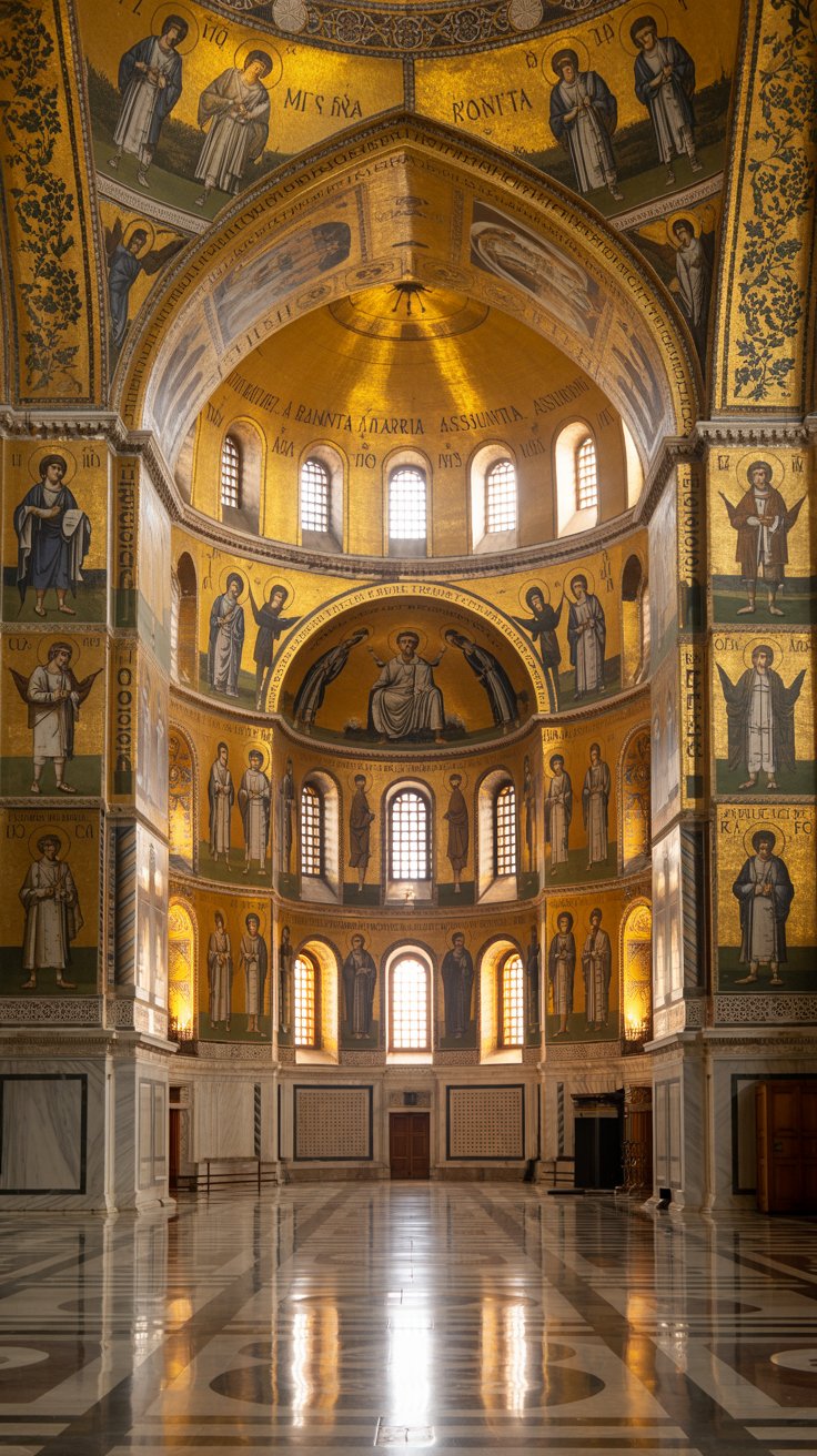 A photograph of the interior of the Cathedral of Santa Maria Assunta, showcasing a breathtaking view of its Byzantine mosaics. Golden mosaics depict solemn saints and religious scenes, their figures illuminated by soft light filtering through arched windows high above. The vast space is filled with a palpable silence, creating a sense of reverence, and the floor is composed of polished marble reflecting the radiant golden light.  Subtle shadows dance across the intricate details of the mosaics, enhancing the feeling of having stepped into a historic sanctuary.