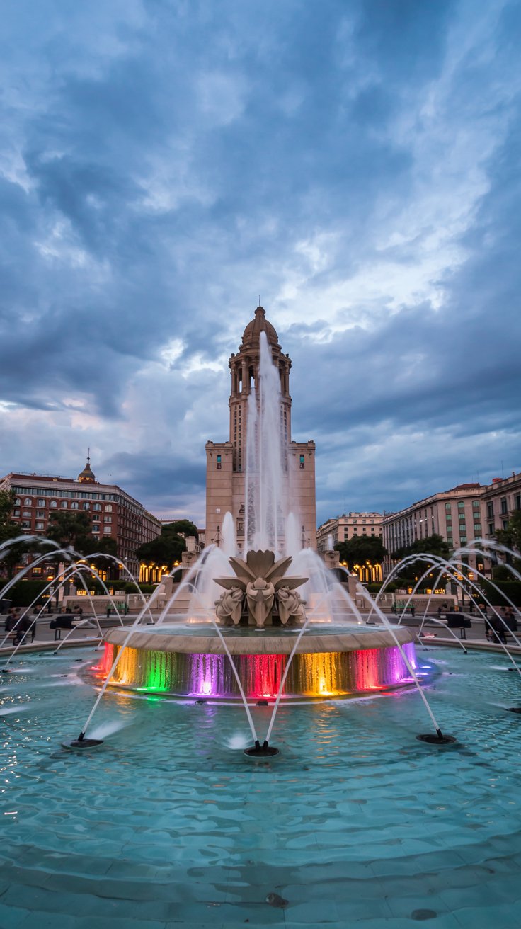 A photo of the Fountain of Montjuïc during a light show at evening. The fountain is illuminated with a myriad of colors, creating a rainbow effect. The background contains the city's architecture, with buildings of varying heights. The sky is overcast, with a mix of light and dark clouds.