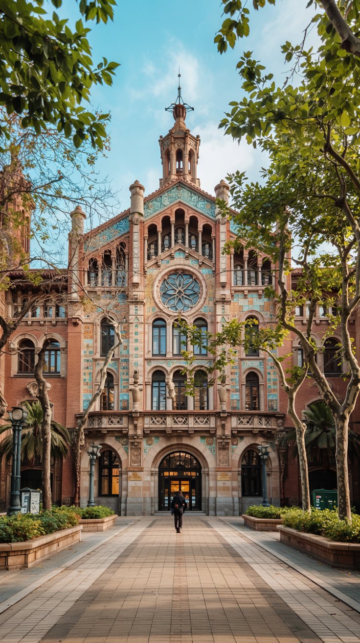 A photograph of the Hospital de Sant Pau in Barcelona, bathed in the warm glow of a sunny afternoon. The modernist building's colorful ceramic tiles and intricate architectural details are highlighted by the sunlight, with the facade's curves and arches creating a visually striking composition. Lush green trees line the pathways in the foreground, gently framing the hospital's unique design and leading the eye toward the central structure. The sky is a clear, vibrant blue, adding a sense of spaciousness and tranquility to the scene.