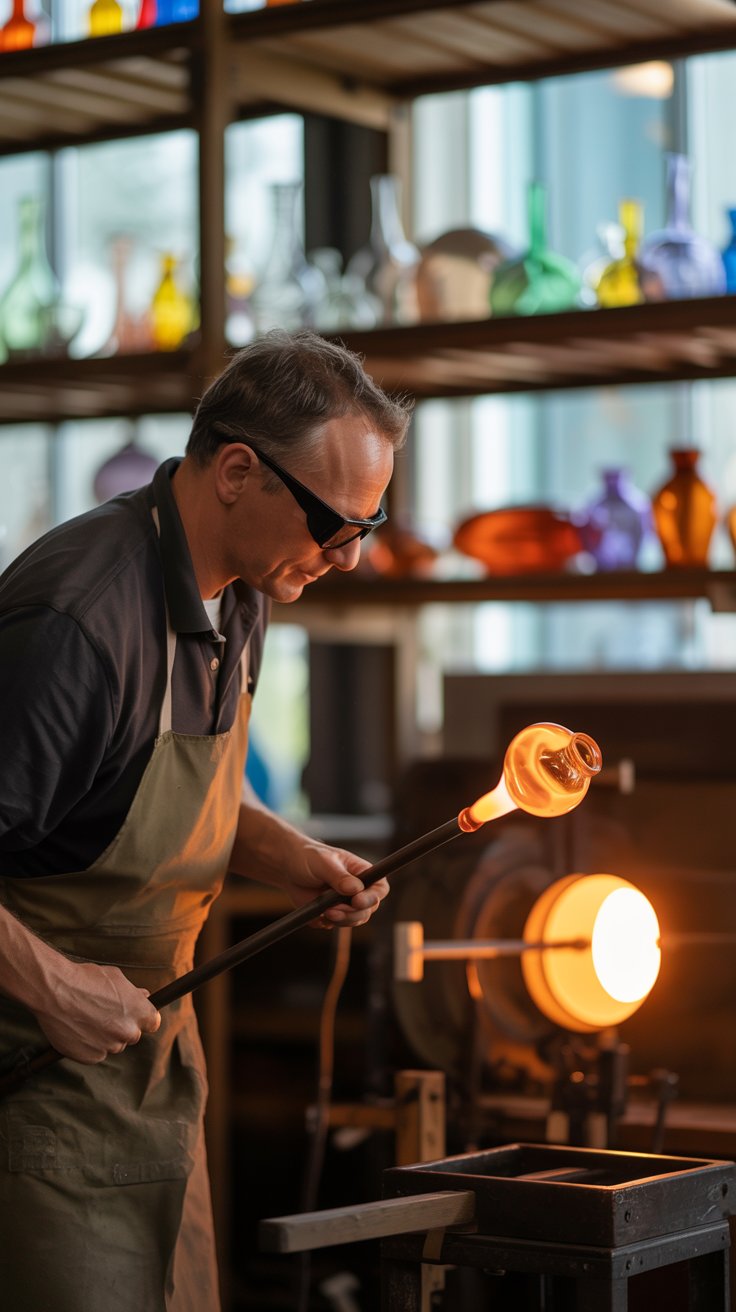 A photograph of a skilled glassblower carefully shaping molten glass at a family-owned studio. He is wearing protective dark glasses and an apron, his hands deftly manipulating the glowing orange glass attached to a blowpipe. Behind him, shelves display a variety of finished glass sculptures and colorful bottles, illuminated by the warm glow of a nearby furnace. Soft, diffused lighting highlights the intricate details of the glassblowing process, creating a serene and focused atmosphere.