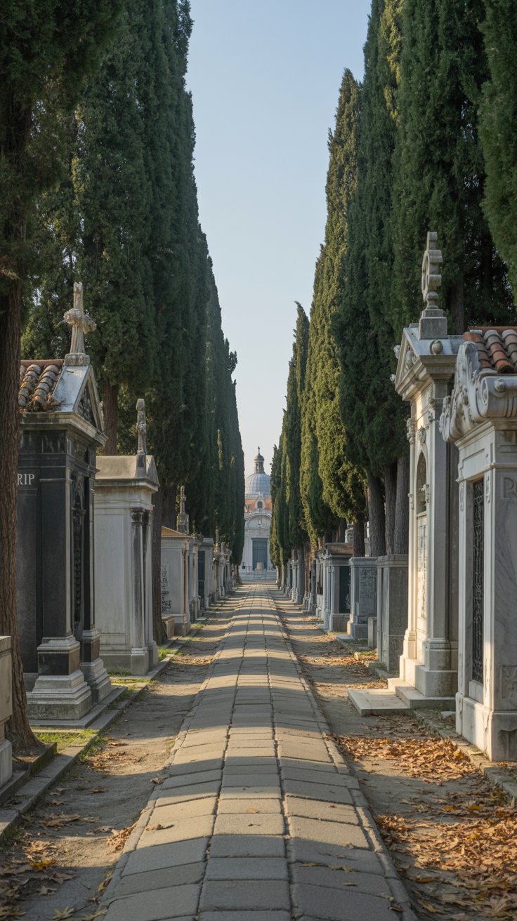 A photograph of San Michele, Venice’s cemetery island, featuring a long, cypress-lined pathway leading towards a distant chapel. Tall, dark green cypress trees form a symmetrical archway over the stone path, which is covered in fallen leaves and dappled sunlight. Numerous weathered gravestones and ornate mausoleums line the path, each with unique carvings and inscriptions including "RIP" on a few. Soft, diffused sunlight filters through the trees, creating a peaceful and melancholic atmosphere.
