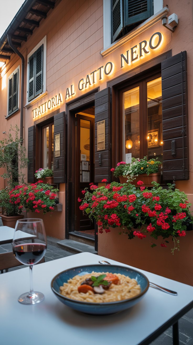 A photograph showcases the exterior of "Trattoria al Gatto Nero" restaurant, warmly lit against a twilight sky. The restaurant features a rustic facade with terracotta tiles and dark wooden shutters, accented by overflowing flower boxes bursting with vibrant red geraniums. A single table is set outside, displaying a steaming bowl of seafood risotto and a half-full glass of red wine, suggesting a convivial evening atmosphere. Soft, golden light spills from the windows, creating a welcoming ambiance and highlighting the charming details of the restaurant.