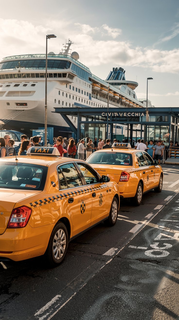 A photograph of two bright yellow taxis waiting at the bustling Civitavecchia cruise ship port. The taxis are parked side-by-side near a designated taxi stand with the word "TAXI" clearly displayed on their roofs. A small crowd of tourists with rolling suitcases and excited expressions are gathered nearby, eagerly awaiting their turn for a ride. The scene is bathed in the warm, golden light of a late afternoon sun, creating a lively and welcoming atmosphere.