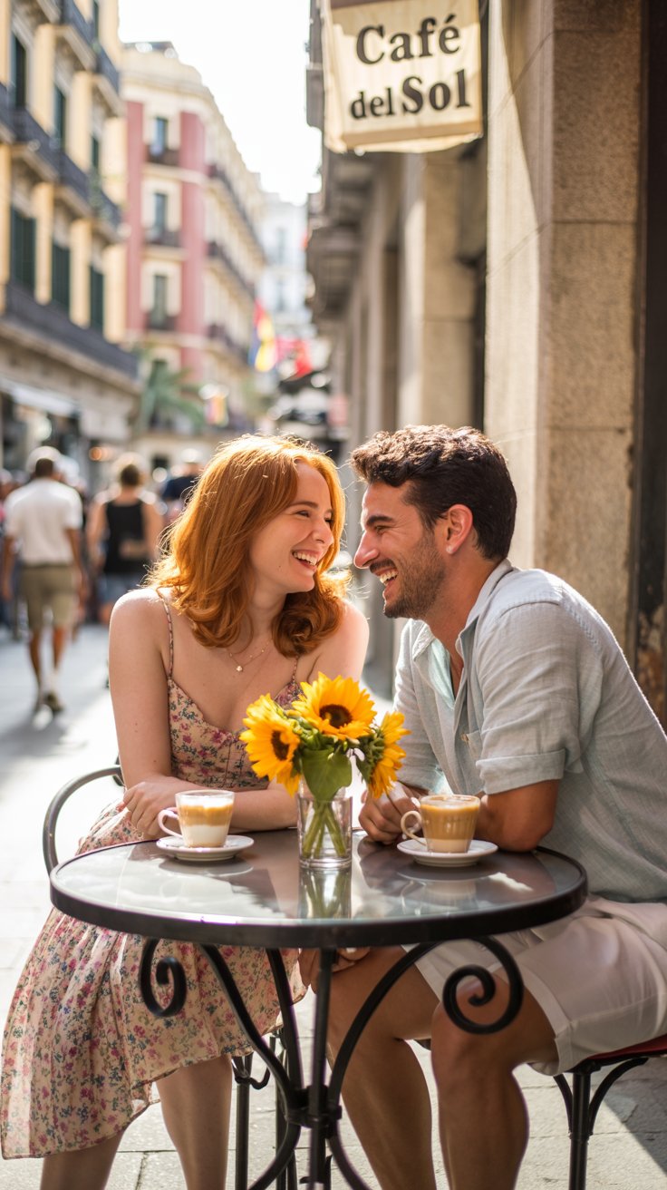 A vibrant, sun-drenched photograph captures a charming cafe scene in Barcelona, featuring a casually dressed couple enjoying a moment of shared joy. The woman, with wavy auburn hair and a warm smile, wears a flowing floral sundress, while the man, sporting a linen shirt and chinos, leans in to share a laugh. They sit at a wrought-iron table adorned with a vase of sunflowers and two cups of cafe con leche, positioned on the sidewalk, framed by colorful building facades and the lively bustle of the city. Soft, golden light bathes the scene, creating a cheerful and inviting atmosphere, with the words “Café del Sol” subtly displayed on a vintage sign above them.