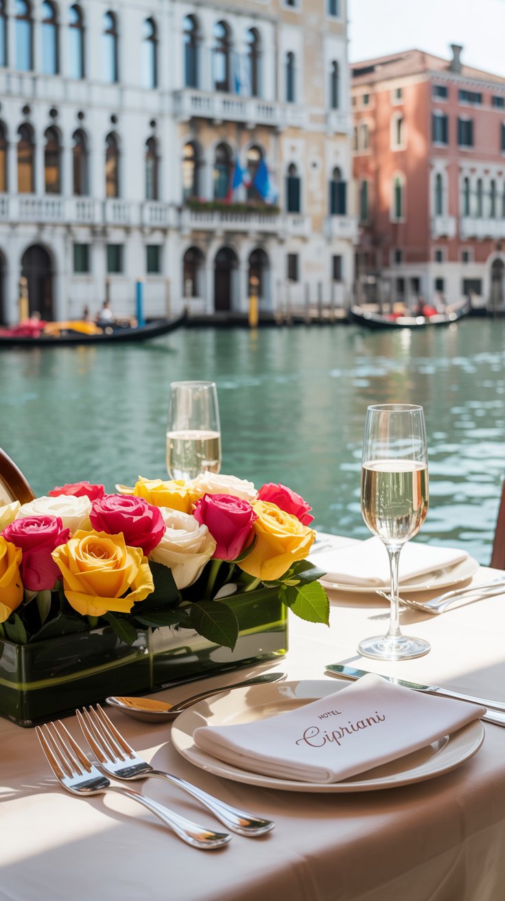 A photograph of a beautifully set table for lunch at the Hotel Cipriani in Venice. The table is adorned with crisp white linen, elegant silverware, and a centerpiece of vibrant yellow and red roses, with a glass of sparkling wine on the side. In the background, the Grand Canal shimmers under the warm Italian sunlight, with gondolas gently gliding past, all visible through the hotel’s arched windows. “Hotel Cipriani” is subtly etched into the silver serving tray.