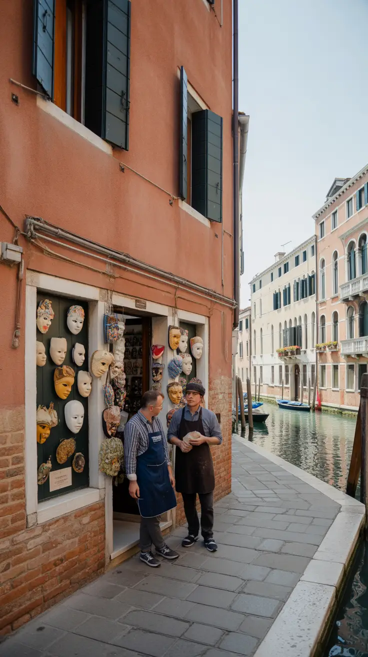 Big text overlay reading "9 Secret Mask Shops in Venice" in bold white font within a large dark-colored box, surrounded by a vibrant collage of realistic imagery highlighting Venetian mask culture.