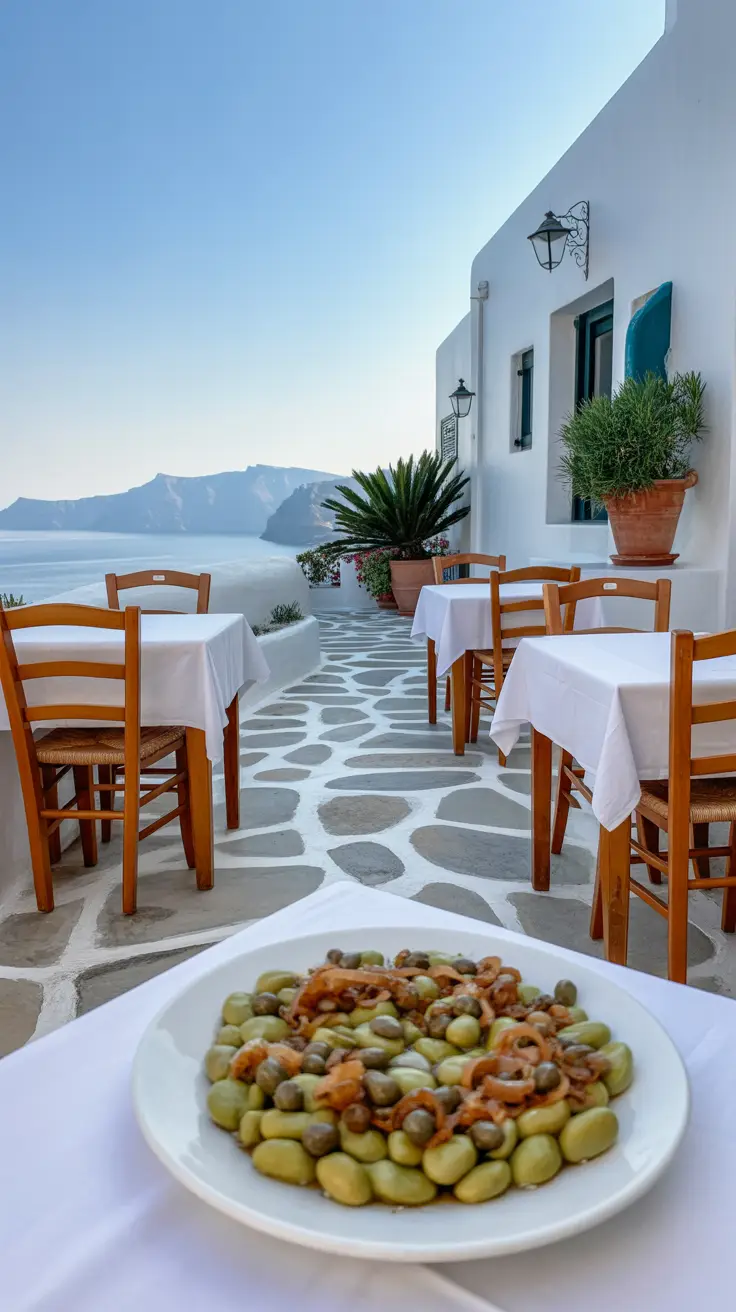 A legendary local favorite with no sign, located in Exo Gonia, offering stunning views and standout dishes like fava Santorinis with caramelized onions and capers.