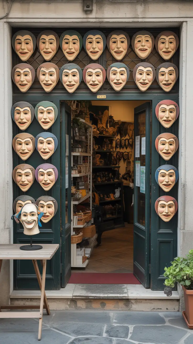 9 Secret Mask Shops in Venice — bold white text in a thick, distinctive font on a dark-colored box, surrounded by a vibrant collage of Venetian mask imagery, designed for a realistic and visually striking attention grabber.