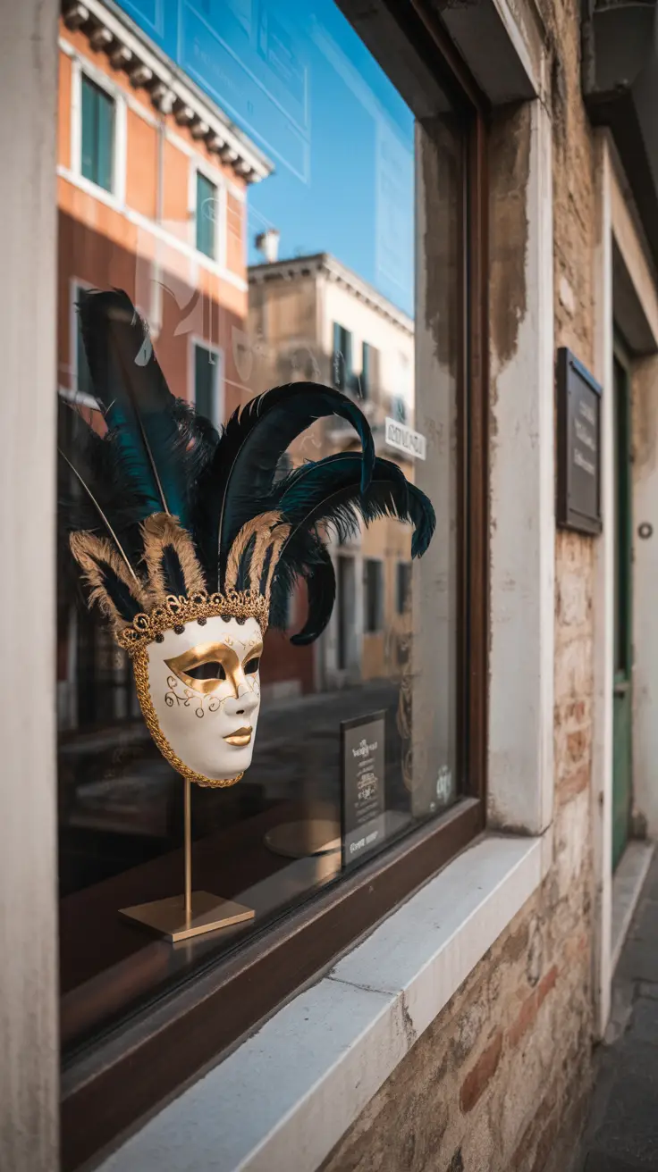9 Secret Mask Shops in Venice in bold white lettering on a dark box, overlaid on a vibrant collage of Venetian masks and street scenes, designed to instantly grab attention with its striking, realistic visual style.