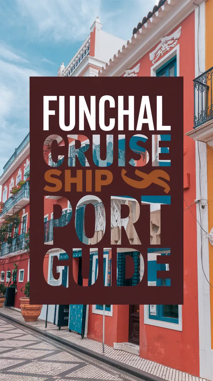 Big text overlay saying: Funchal Cruise Ship Port Guide. It's designed to immediately grab attention with its thick, distinctive lettering set prominently in a big dark colored box, utilizing a simple yet striking bold white color for the text. Surrounding this eye-catching typography, a collage of vibrant images.