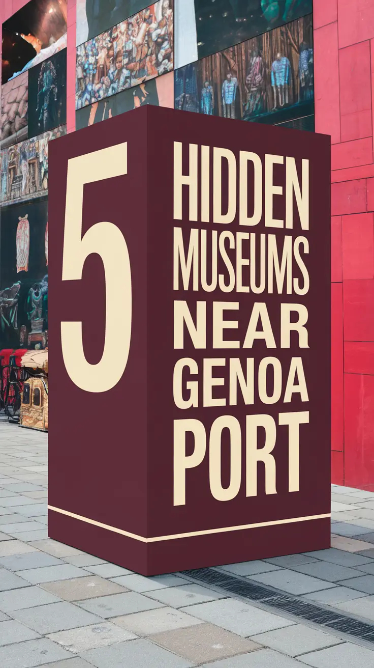 Big text overlay saying: 5 Hidden Museums Near Genoa Port. It's designed to immediately grab attention with its thick, distinctive lettering set prominently in a big dark colored box, utilizing a simple yet striking bold white color for the text. Surrounding this eye-catching typography, a collage of vibrant images.