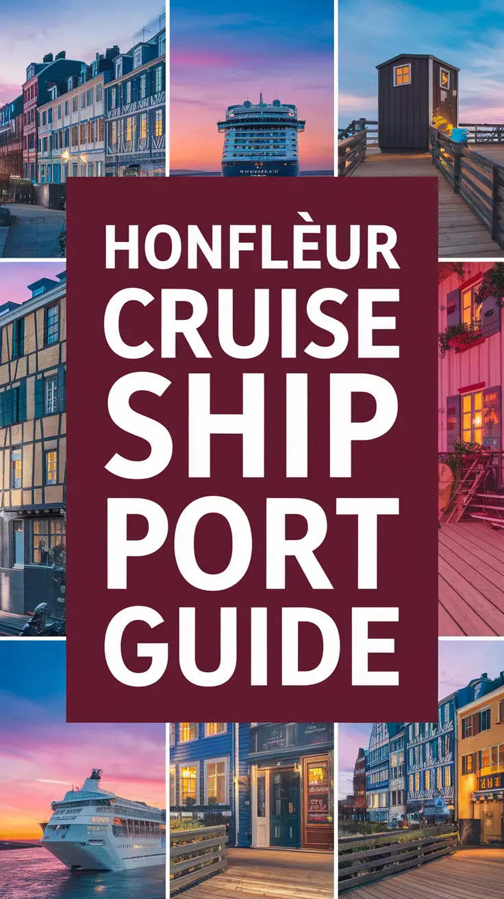 Big text overlay saying: Honfleur Cruise Ship Port Guide. It's designed to immediately grab attention with its thick, distinctive lettering set prominently in a big dark colored box, utilizing a simple yet striking bold white color for the text. Surrounding this eye-catching typography, a collage of vibrant images.