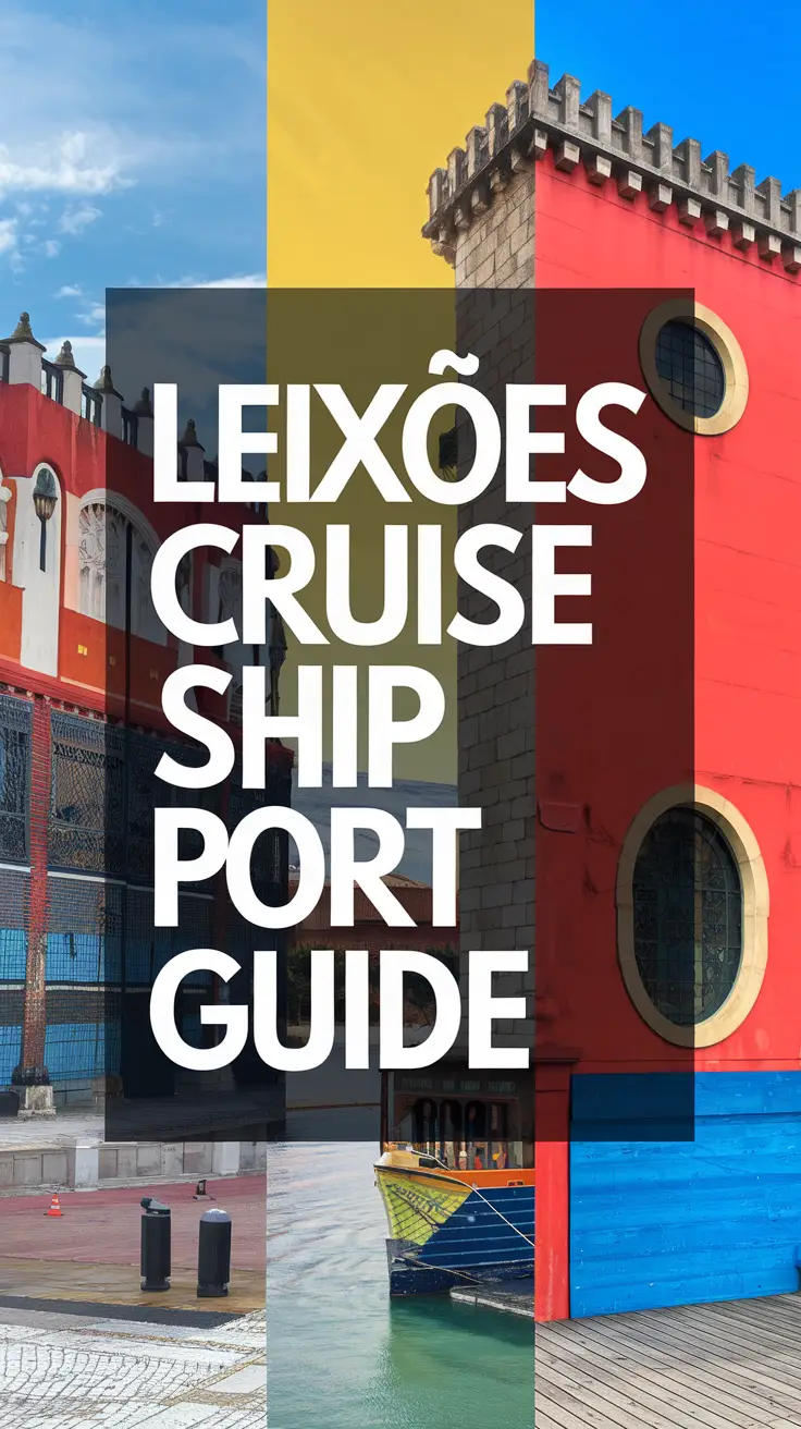 Big text overlay saying: Leixoes Cruise Ship Port Guide. It's designed to immediately grab attention with its thick, distinctive lettering set prominently in a big dark colored box, utilizing a simple yet striking bold white color for the text. Surrounding this eye-catching typography, a collage of vibrant images. Alt Tag: Bold white text reading "Leixoes Cruise Ship Port Guide" prominently displayed in a dark box, surrounded by a vivid collage of travel-themed images, designed to grab attention.