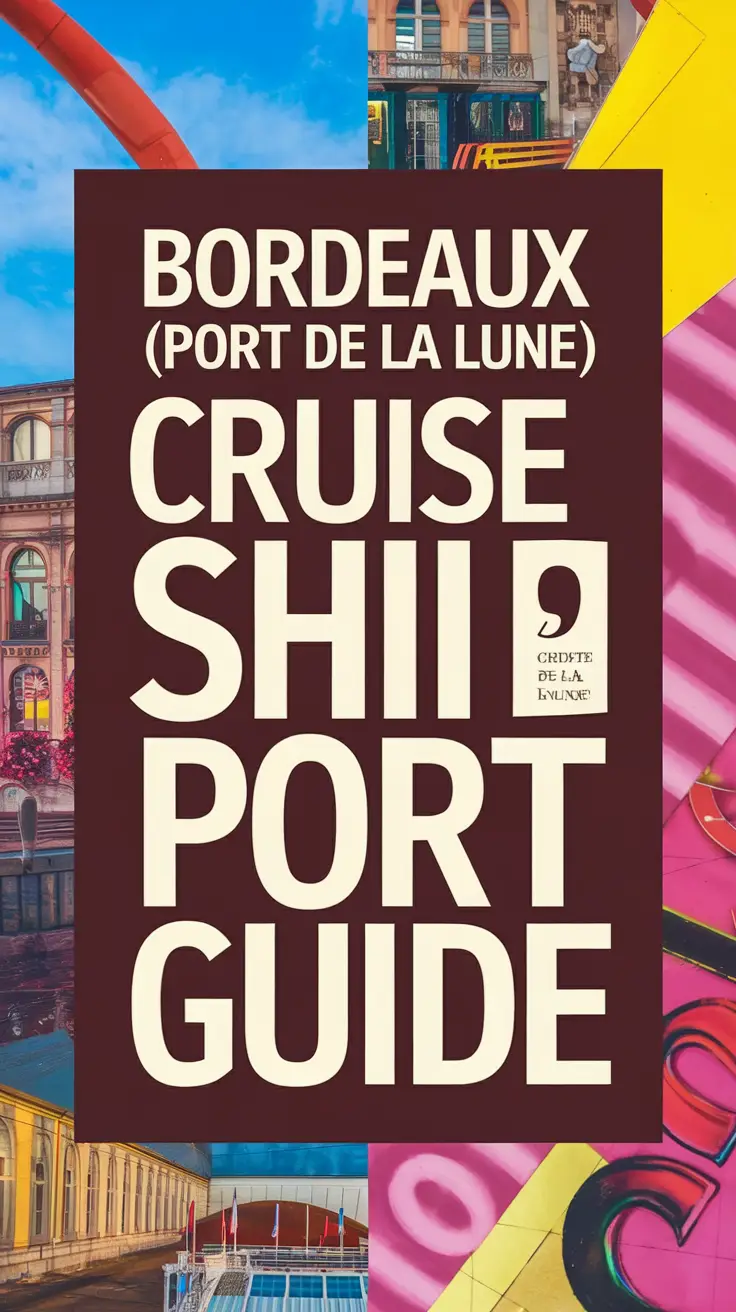 Big text overlay saying: Bordeaux (Port de la Lune) Cruise Ship Port Guide. It's designed to immediately grab attention with its thick, distinctive lettering set prominently in a big dark colored box, utilizing a simple yet striking bold white color for the text. Surrounding this eye-catching typography, a collage of vibrant images.