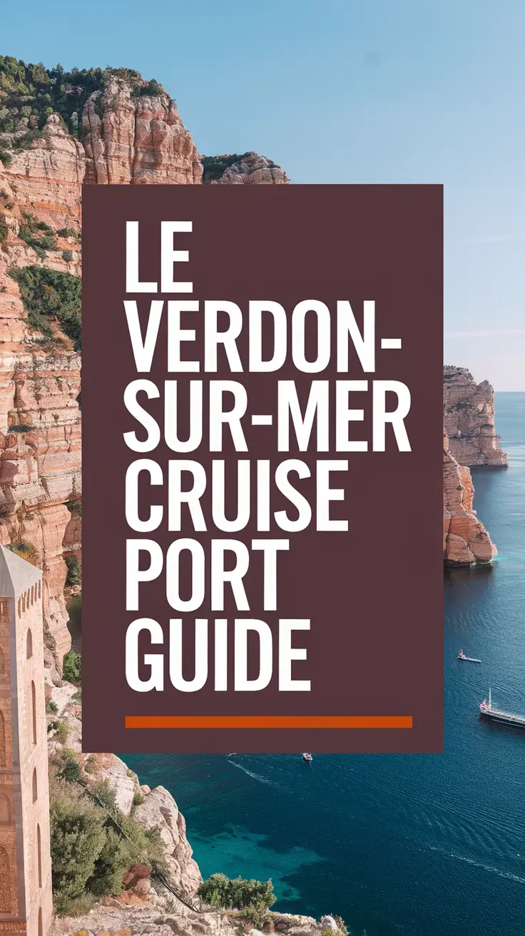 Big text overlay saying "Le Verdon-sur-Mer Cruise Ship Port Guide" in bold white letters within a large dark-colored box, surrounded by a vibrant collage of realistic images showcasing key highlights of the cruise port.
